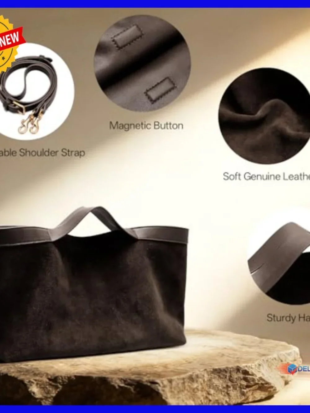 Genuine Suede Leather Tote Bag with Adjustable Strap and Internal Pouch
